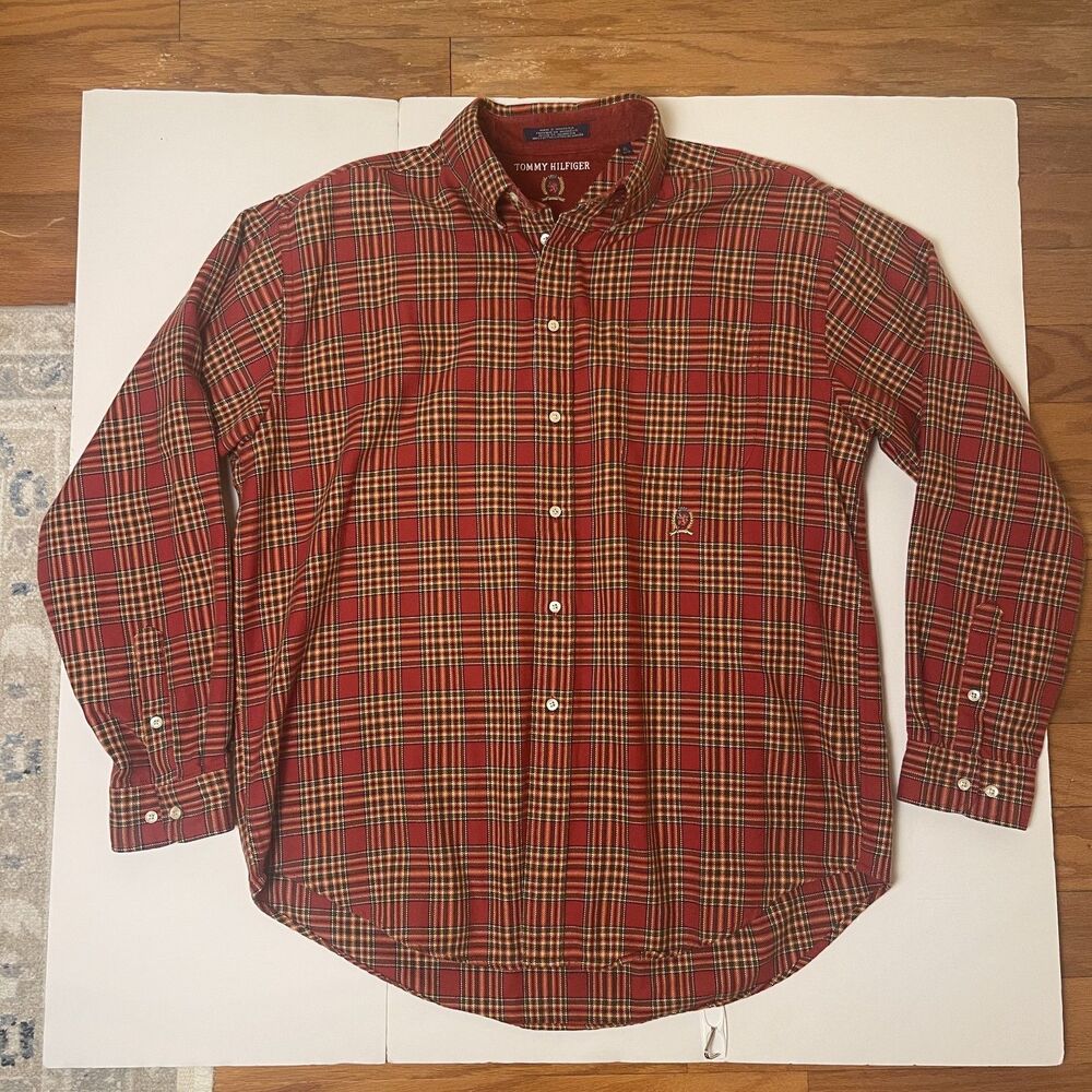 Tommy Hilfiger Mens XL Red Plaid Flannel Button Up Shirt Crest Logo !00% Cotton